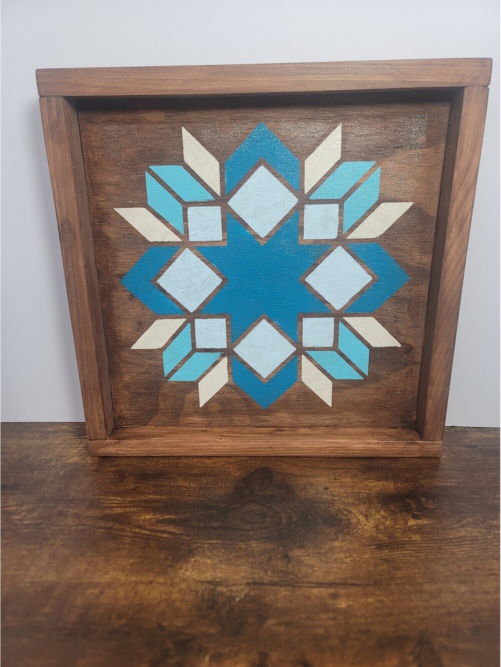 Handmade Wooden Tray With Painted Sparkly Teal Blue And White Barn Quilt Design
